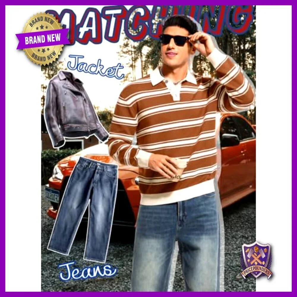 Men's Striped Long Sleeve Polo Sweater, Lightweight Knit Pullover Rugby Shirt